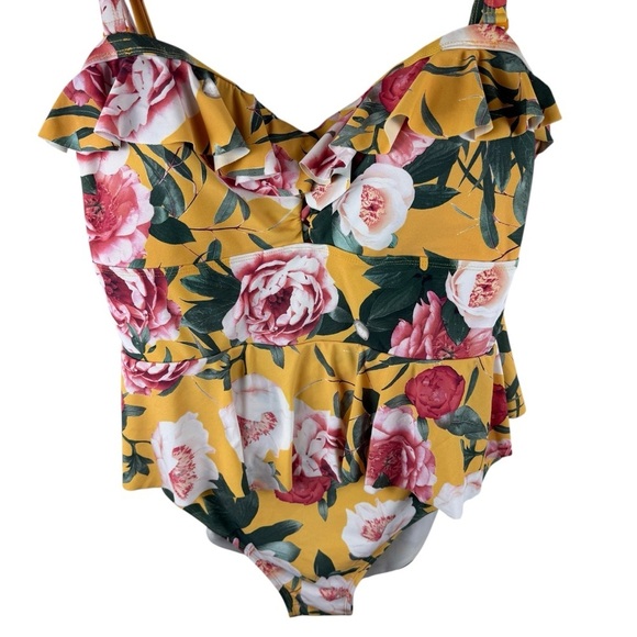 Torrid Wireless Lattice front Peplum one piece swimsuit in yellow floral - Picture 8 of 9